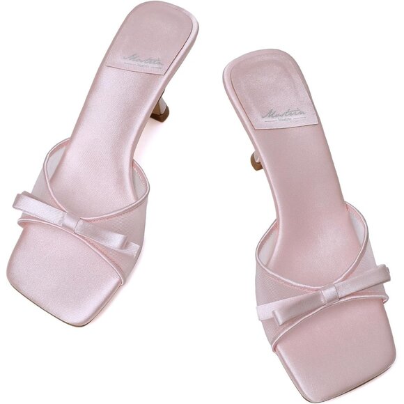 Women's Pink Round Toe Heels With Bow Vintage Mules Sexy Slip on Stiletto - Picture 8 of 9